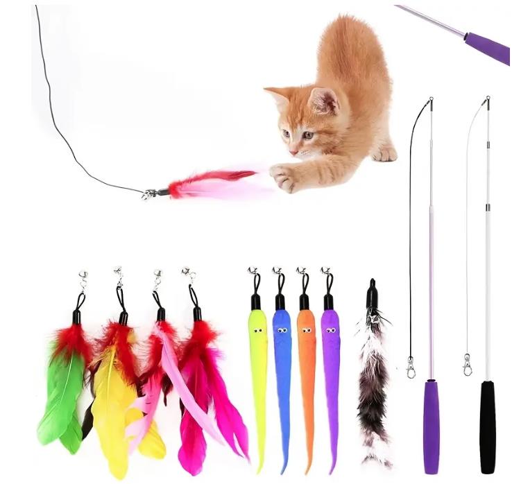 12 teilig Katzenangel Stab, Stabil Lang,interaktives Katzenspielzeug