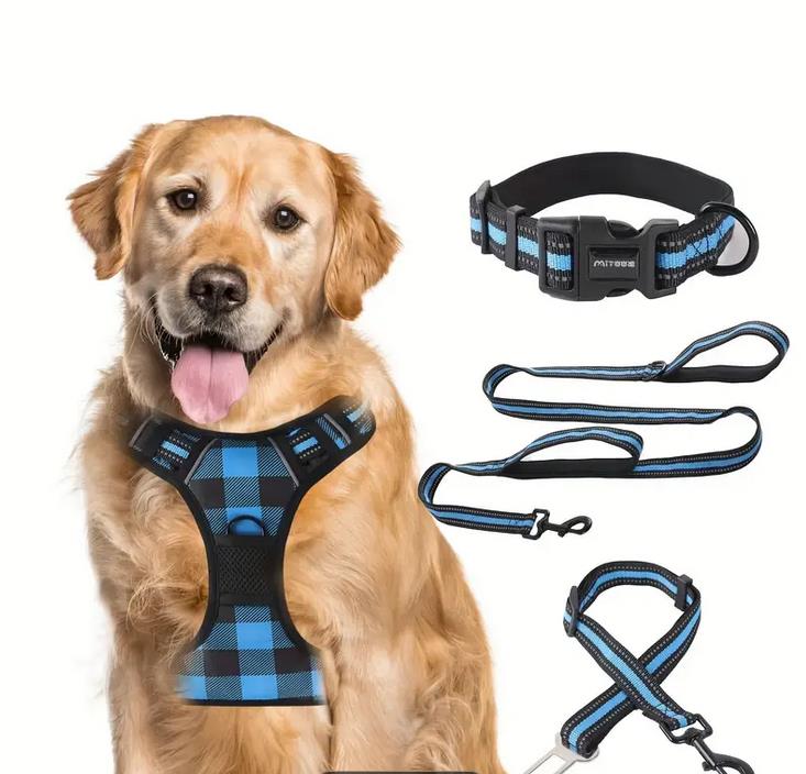 4 teiliges Exklusiv Set Hundegeschirr + Halsband+ Leine + Autosicherheitsgurt