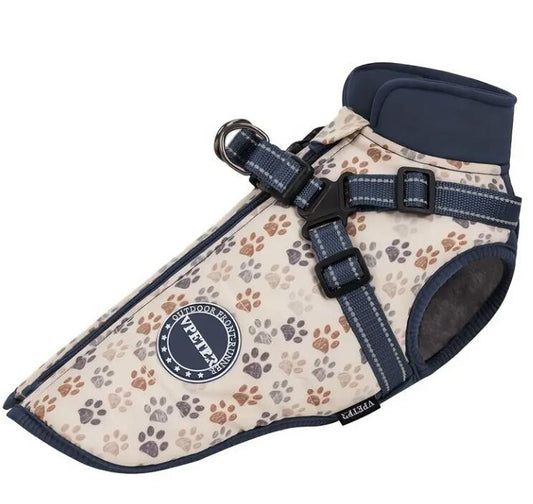 Hundemantel Blau/Braun – Warm & Wasserfest mit Geschirr für Kl.-mittlere Hunde