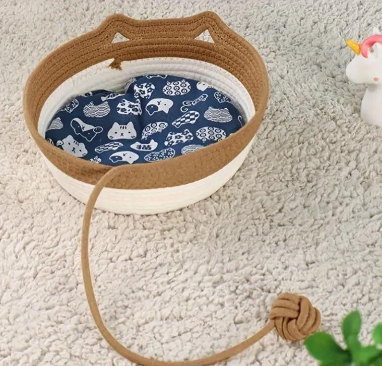 Wunderschöner Katzenkorb mit Kissen aus Festem Seil in Form eines Katzenkopfes
