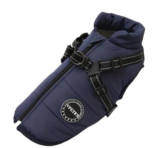 Hundemantel wasserdicht in Blau mit Geschirrfunktion XS–2XL