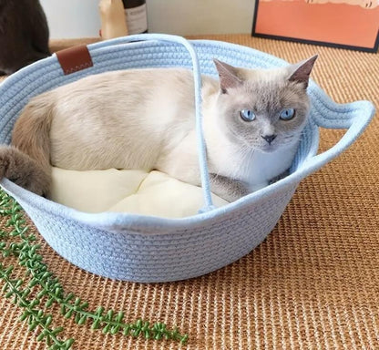 Wunderschöner Katzenkorb mit Kissen aus Festem Seil in Form eines Katzenkopfes
