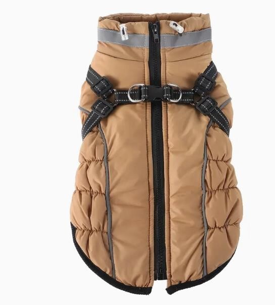 Hundemantel Winter Hellbraun – wasserdicht, Geschirrfunktion L–4 XL