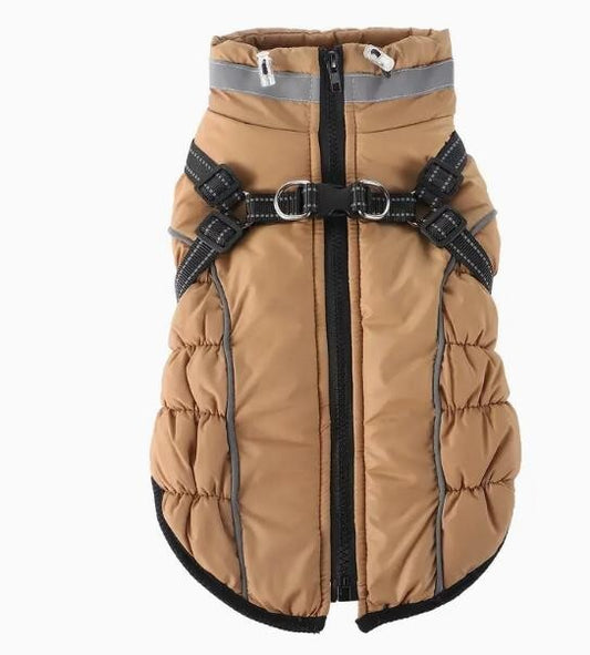 Hundemantel Winter Hellbraun – wasserdicht, Geschirrfunktion L–4 XL