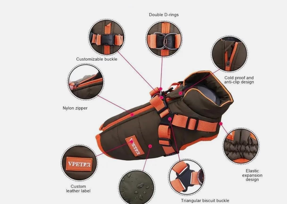 Winter Hundemantel Braun-Orange – Wasserdicht und  Geschirrfunktion