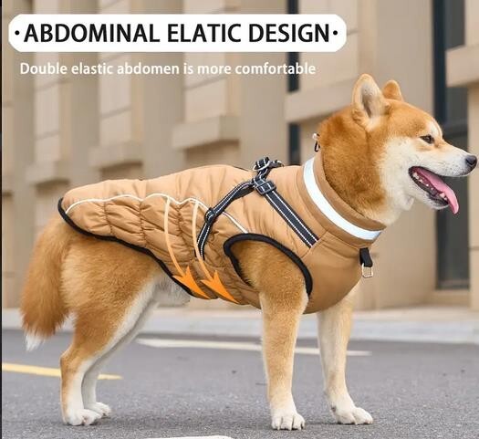 Hundemantel Winter Hellbraun – wasserdicht, Geschirrfunktion L–4 XL