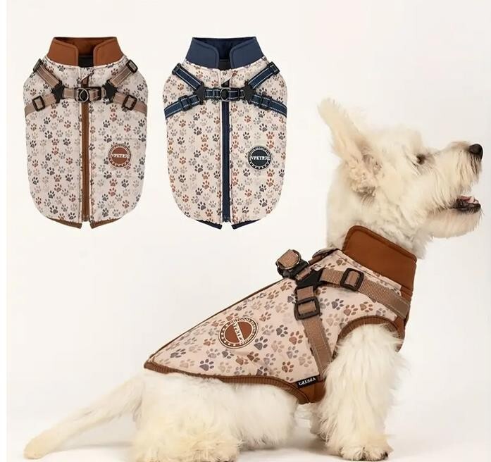 Hundemantel Blau/Braun – Warm & Wasserfest mit Geschirr für Kl.-mittlere Hunde
