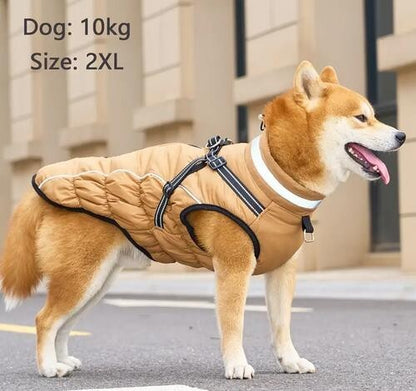 Hundemantel Winter Hellbraun – wasserdicht, Geschirrfunktion L–4 XL