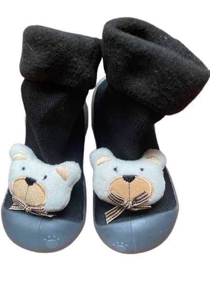 Baby Lauf u. Krabbel Schuhe Schwarz mit Teddybär zuckersüss Ideal als Hausschuh